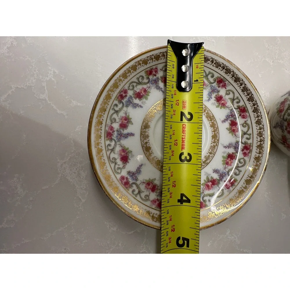 J. Pouyat Limoges France Porcelain Tea Cup and Saucer Set Gold Gilt Pink Rose